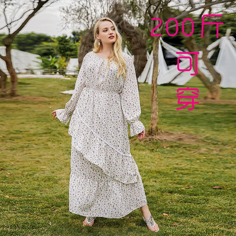 

Large size dress asymmetrical petal sleeves spring and autumn floral large size super long floor dress high-end temperament eleg