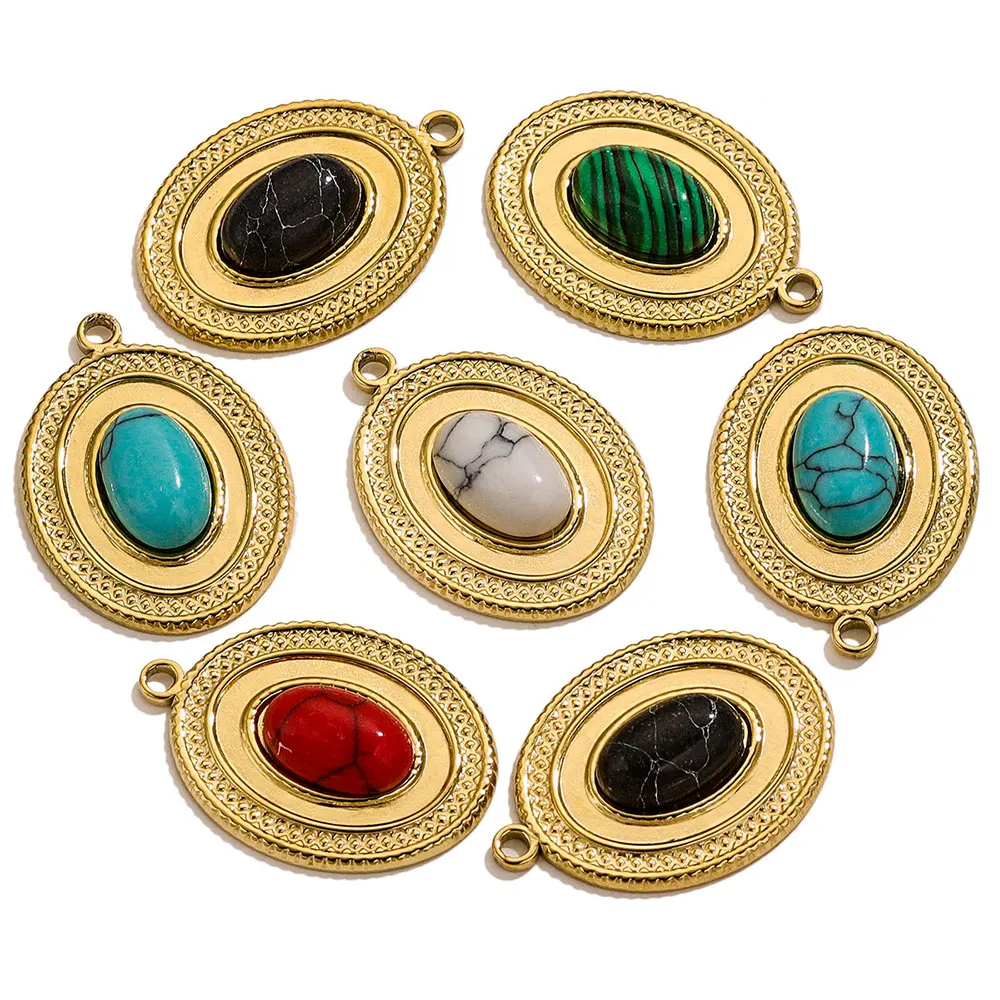 4pcs/LOT Boho Stainless Steel Natural Stone Oval Frame Textured Border Charms Pendants for DIY Necklace Jewelry Making Supplies