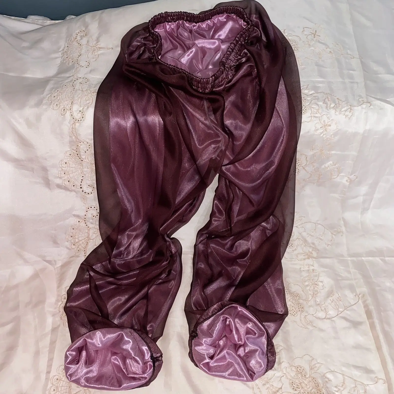 Handmade Super Silky Slippy Elastic Waist Wide Leg Trousers Purple Knickerbockers Bloomers  Double Layer
