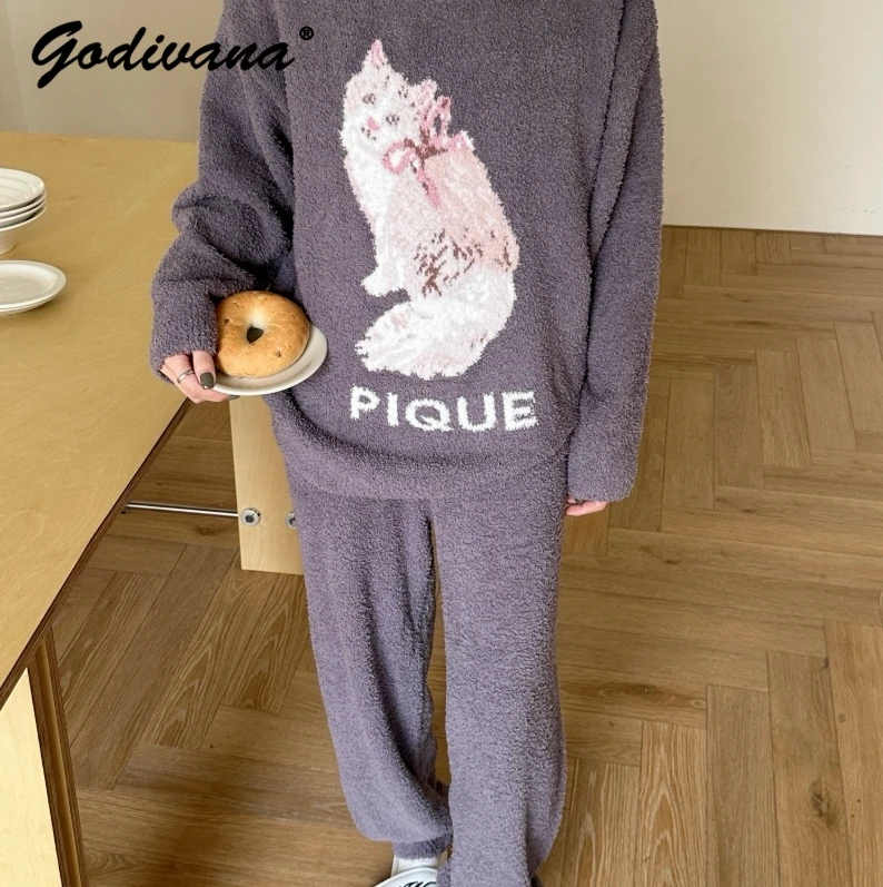 

Новый осенне-зимний комплект домашней одежды в японском стиле: мягкий флисовый костюм для сна с длинным рукавом и милым котиком, теплая пижама для женщин