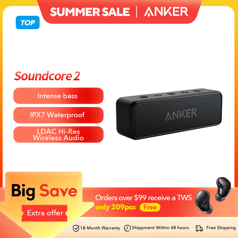 Anker Soundcore 2 Portable Wireless Bluetooth Speaker Better Bass 24-Hour Playtime 66ft Bluetooth Range IPX7 Water Resistance