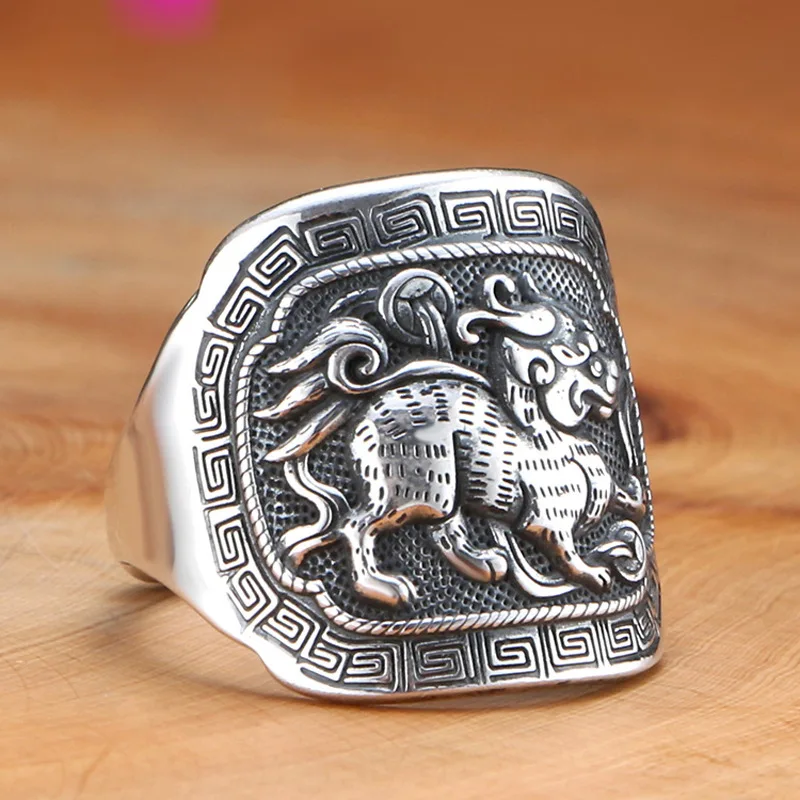 

Chiba Retro Vintage Kirin Trendy Male Thai Silver Chinese Style Personalized Wealth Attraction Opening Adjustable Finger Ring