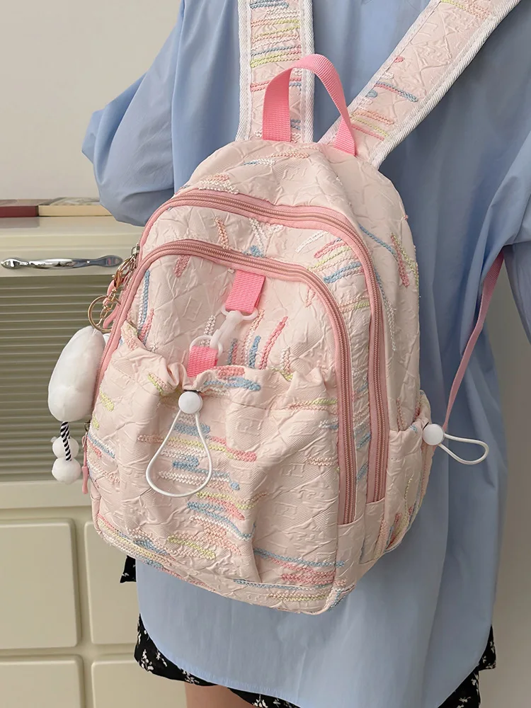 Cute Graffiti Mini Backpack Girls Textured School Bag with Cloud Plush Pendant Lightweight Casual Daily Travel Backpack