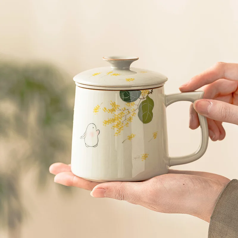 Hand-painted Golden Osmanthus Moon Rabbit Tea Cup Personalized Office Tea Water Separated Mug with Lid Home Ceramic Cup Gift Box