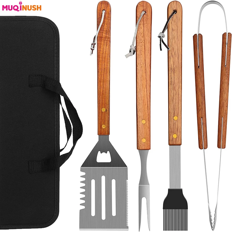 

4-Pc Stainless Steel Barbecue Tool Set Suitable for Cooking Backyard Barbecue and Outdoor Camping Gifts for Barbecue Enthusiasts