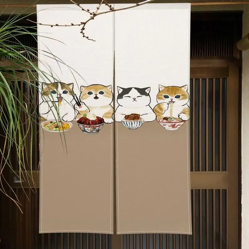 VIKAMA Short Rod Pocket Door Curtain Japanese Cartoon Eating Cat Food Print Kitchen Bedroom Entryway Room Divider Decor