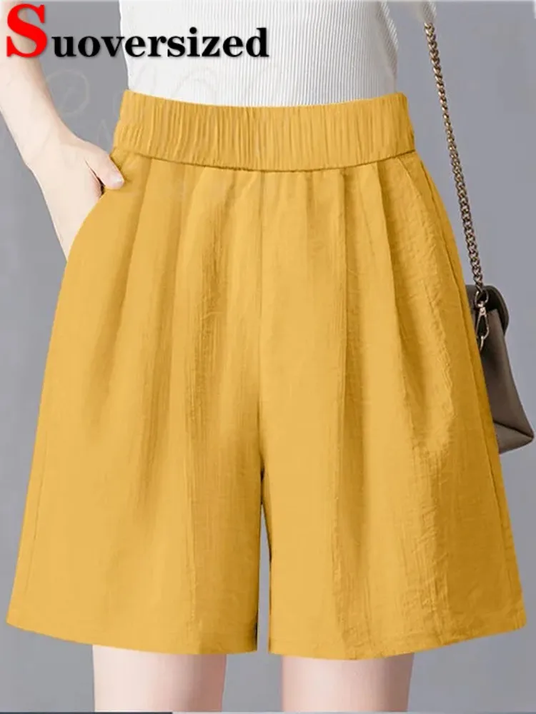 

High Waist Baggy Cotton Linen Shorts Summer Women New Casual Ice Silk Pantalones Cortos Korean Casual Candy Color Szorty 2024