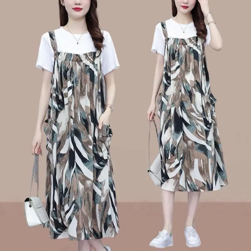 Two Piece Set Casual Loose Matching Sets Summer O-Neck Short Sleeve Women's Clothing Printed Stylish Shirring Midi Dress Sets