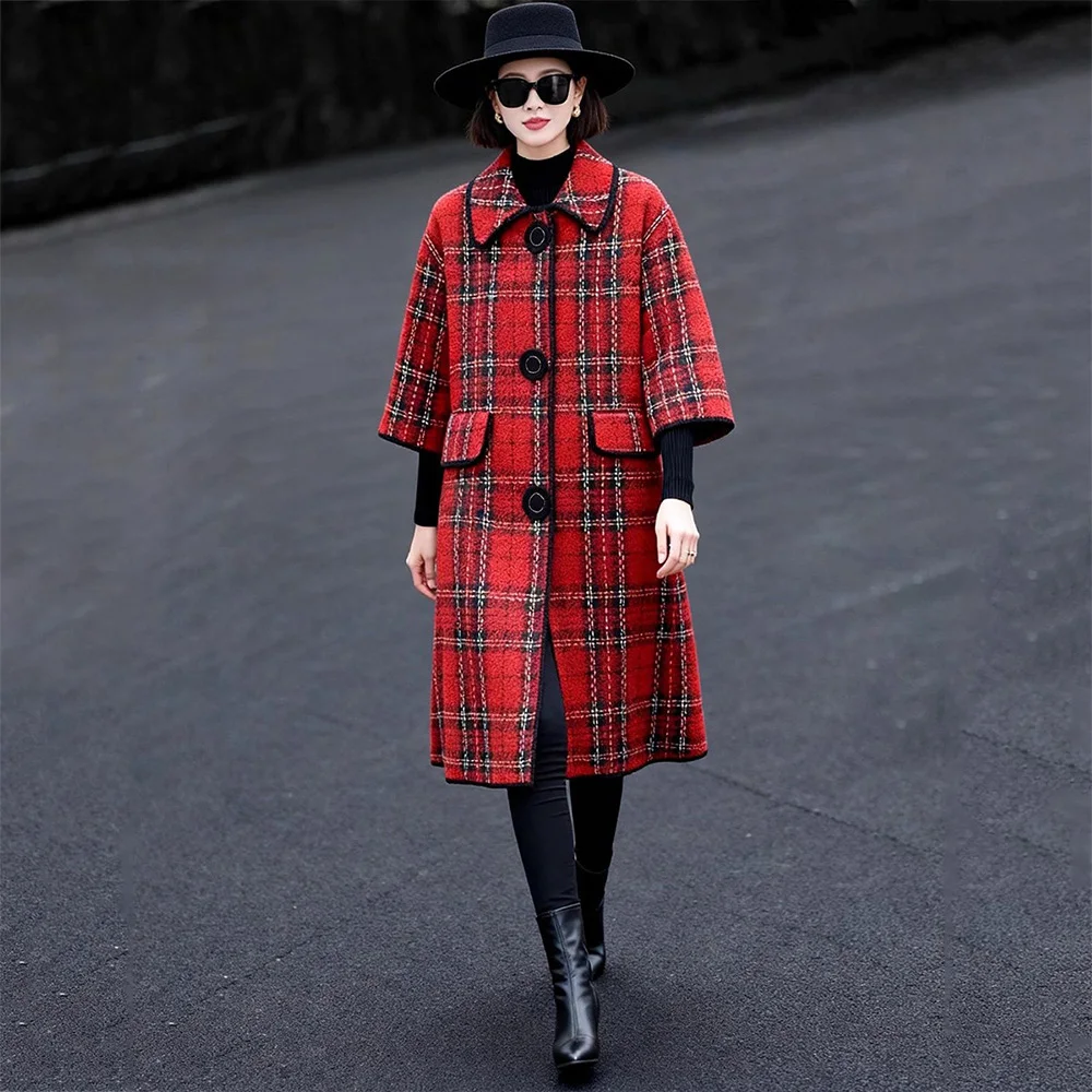 New Women Casual Red Plaid Woolen Coat Autumn Fashion Turn-down Collar Single Breasted Loose Wool Blended Coat Vintage Outerwear