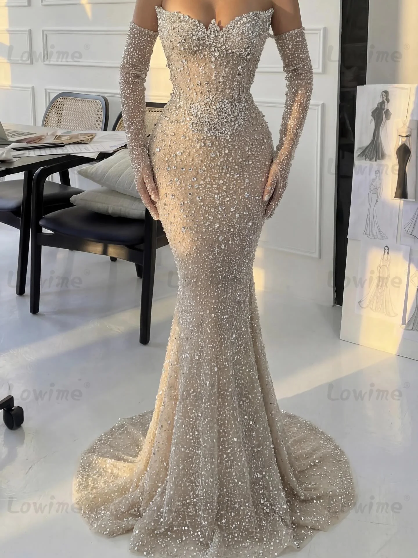 

Luxury Long Prom Dresses Glitter Crystals Beading Mermaid Evening Gowns With Gloves Arabic Party Dress Customized 2026 For Women