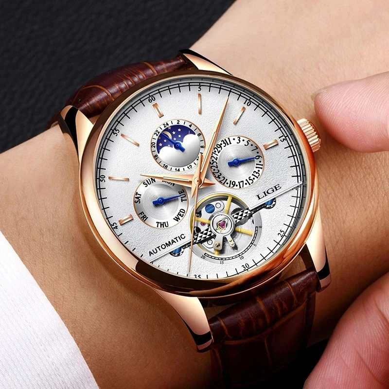 Relogio Masculino 50M Waterproof Mens Watches New LIGE Top Brand Luxury Automatic Mechanical Watch Man Leather Watch Week Clock