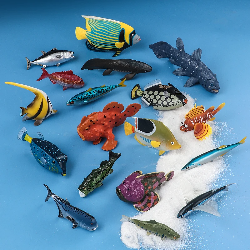 Mały zestaw figurek zwierząt morskich, modele życia morskiego z PVC, zabawka edukacyjna, ryba kamień, łosoś, ryba latająca, tuńczyk