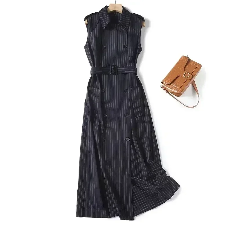 Women's Autumn 2023 New Chic Fashion Belt Pinstripe Lapel Shirt Dress Retro Sleeveless Women's Dress Vestidos Mujer