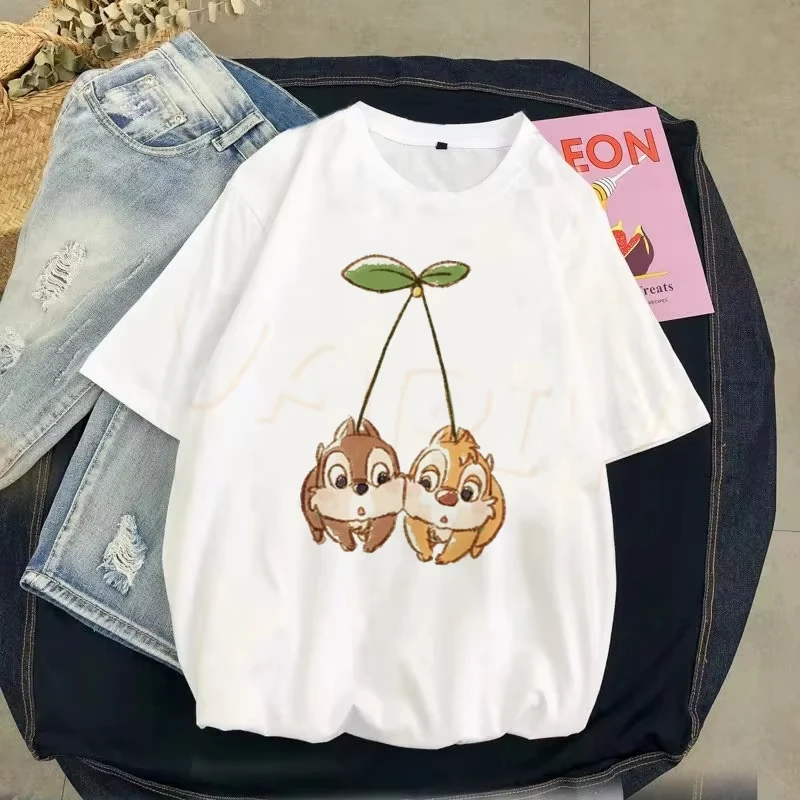 

Топы для женщин, футболка, женская одежда, обычная футболка с короткими рукавами и милым принтом «Чип и Дейл», женская модная футболка с мультяшным графическим рисунком, новинка