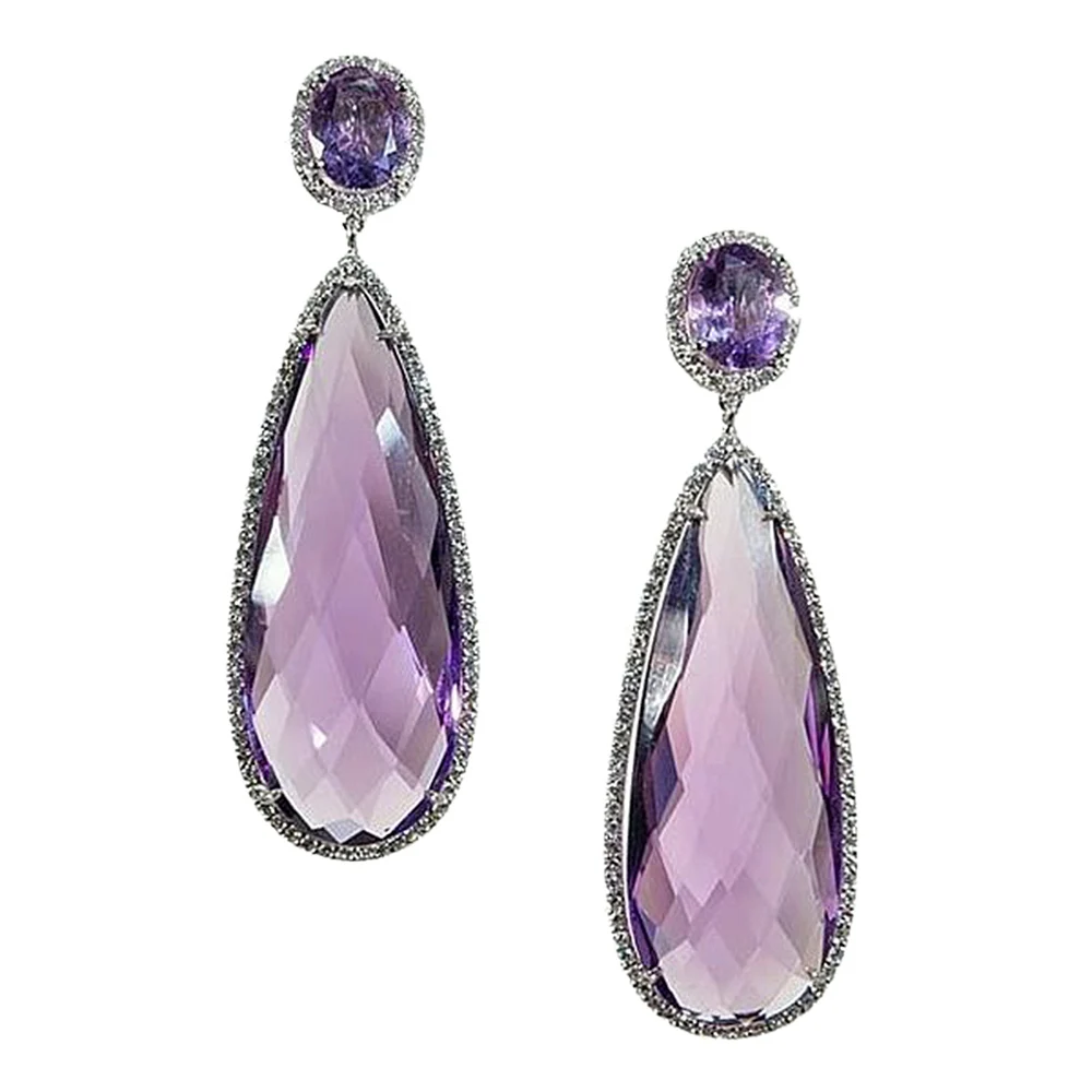 Huitan Minimalist Big Water Drop Cubic Zirconia Dangle Earrings for Women Temperament Elegant Purple Earrings Wedding Jewelry