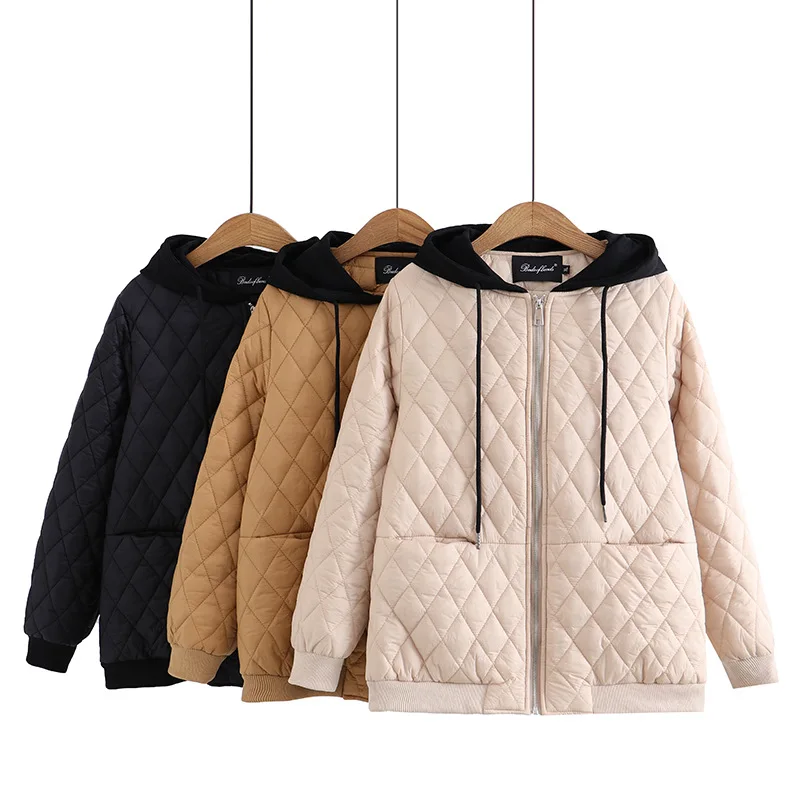 Autumn Winter Coat Women Cotton Padded Jacket New Contrast Hooded Long Sleeve Large Size Thin Cotton Clothes Female Outerwear