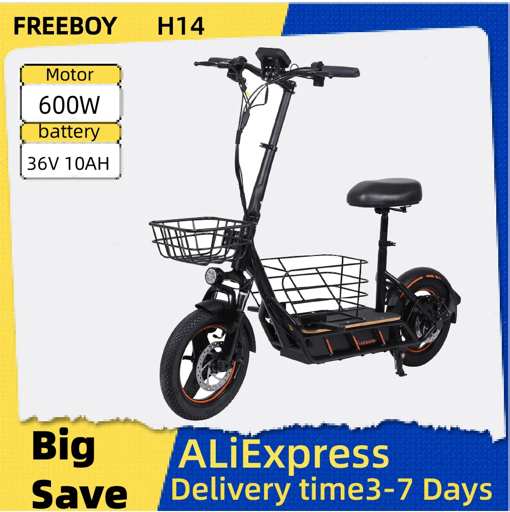 

FREEBOY H14 Adult Electric Scooter 600W Motor E-Scooter 36V 10AH Folding E-Scooter 14 Tire city eScooter