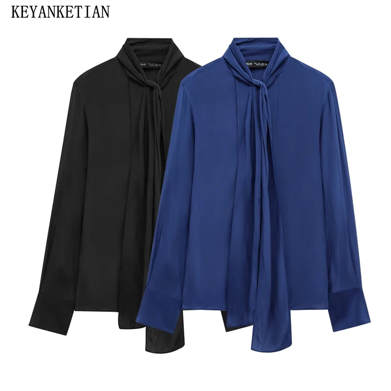 

KEYANKETIAN 2022, весенняя новая женская рубашка со стримером, офисная женская однобортная элегантная атласная блузка с длинными рукавами, топ
