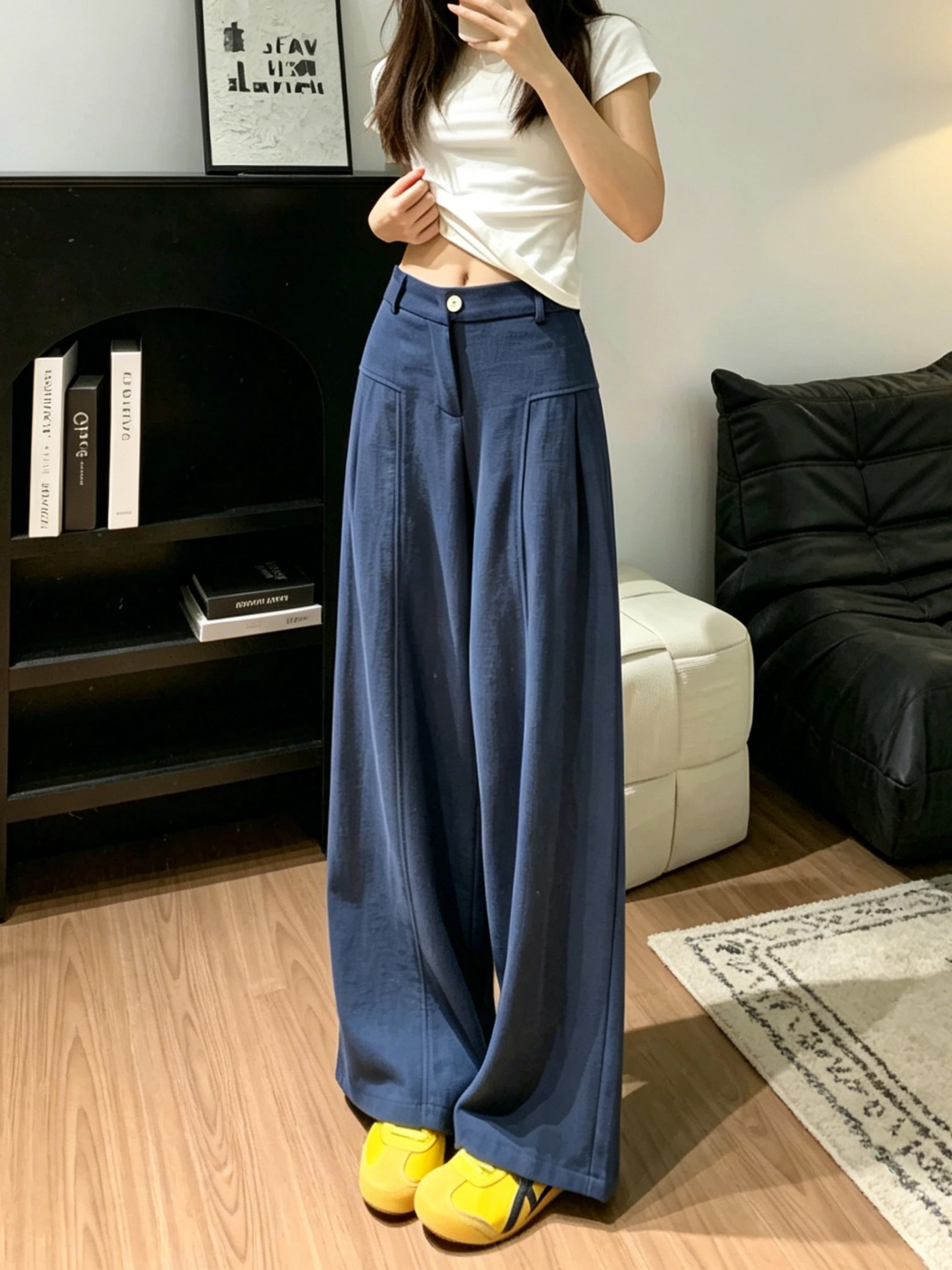 

Cobalt Blue Cotton Linen Suit Pants Women Summer Thin Straight High Waist Slimming Loose Casual Ice Silk Wide Leg Pants
