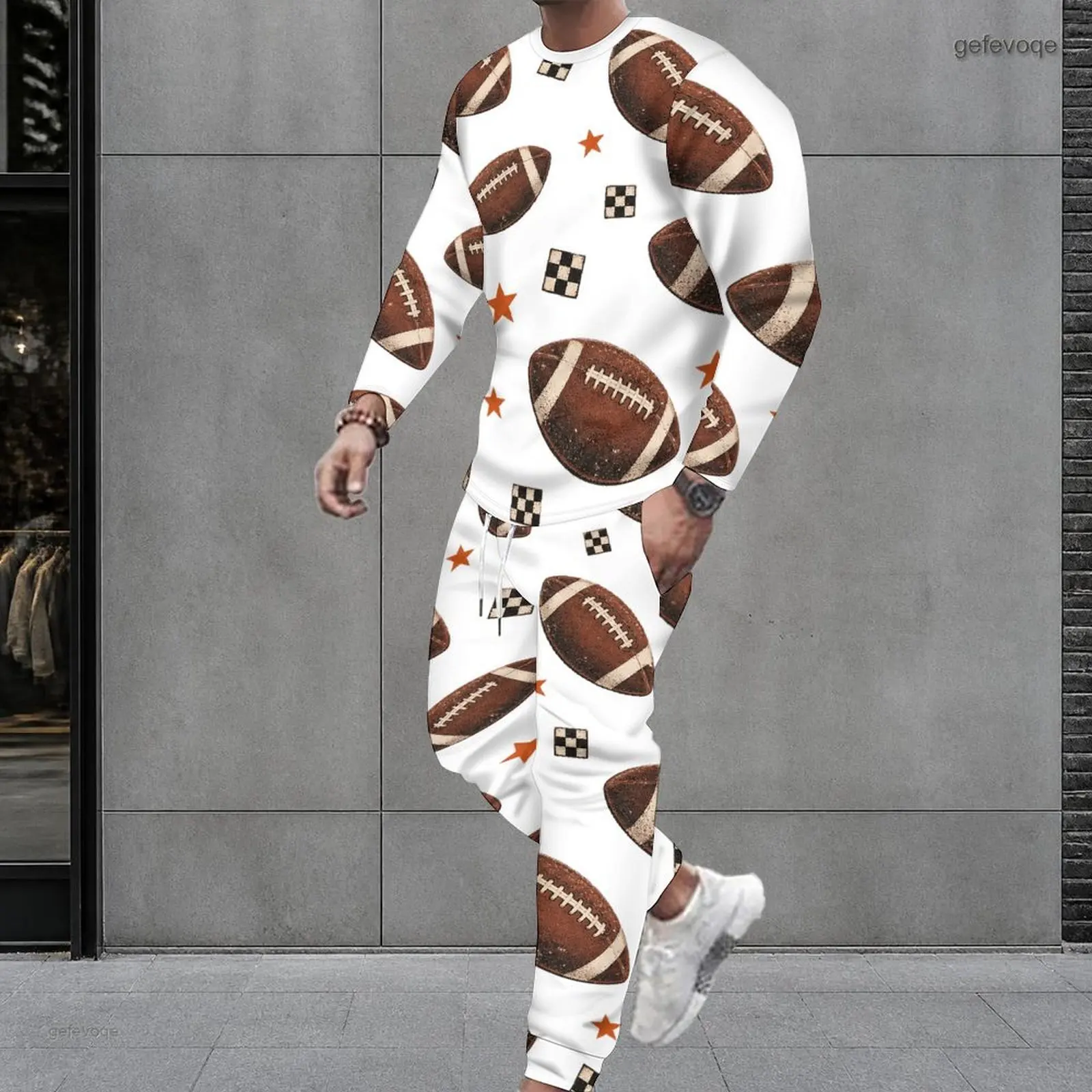 Men White Printed 2 Piece Outfit, Long Sleeve Round Neck Top and Cuffed Pants, American Football Star Checker Pattern
