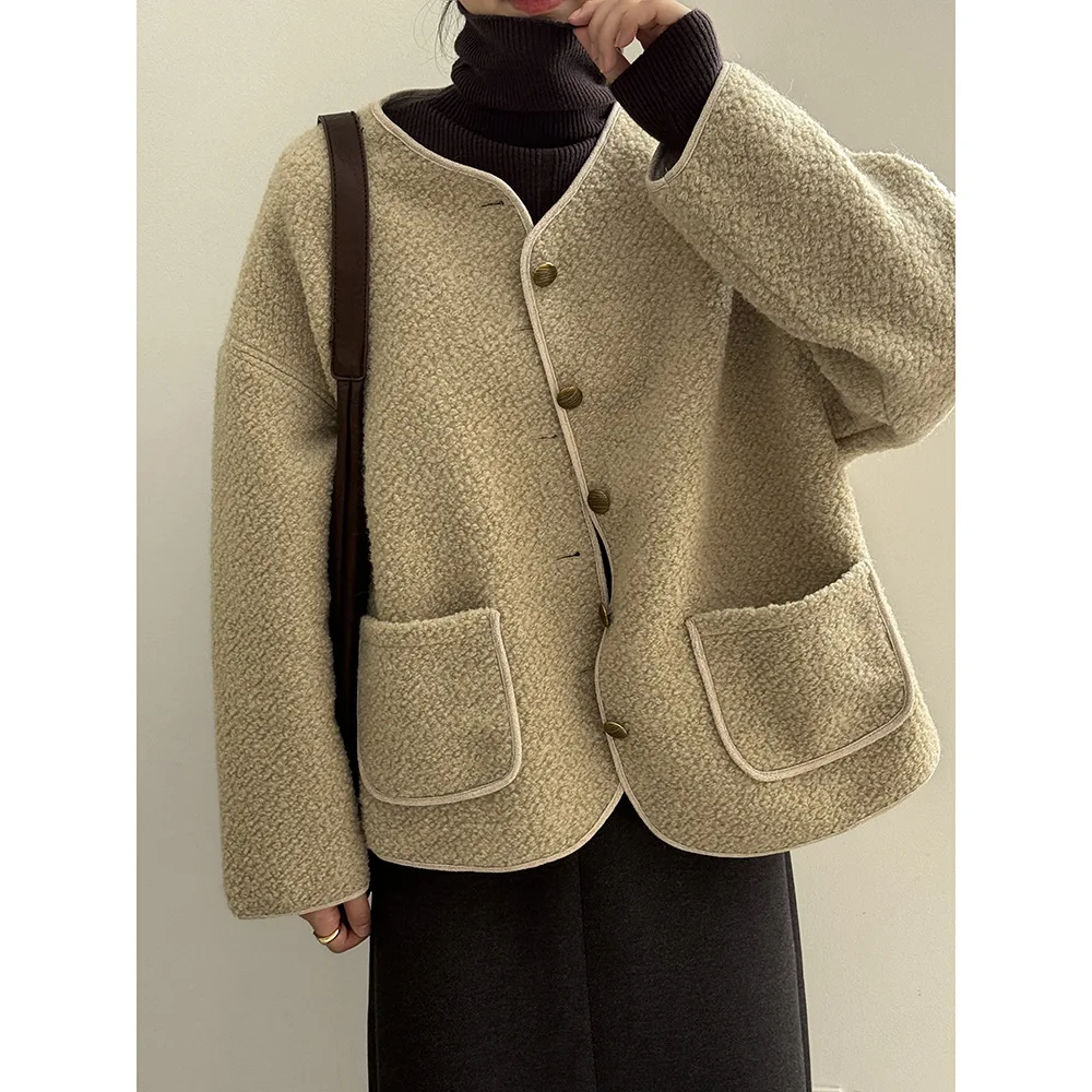 Cappotti autunnali da donna cappotto con giacca a bottone singolo Feminino Fashion Fleece top a maniche lunghe per donna cappotto Beige High Street