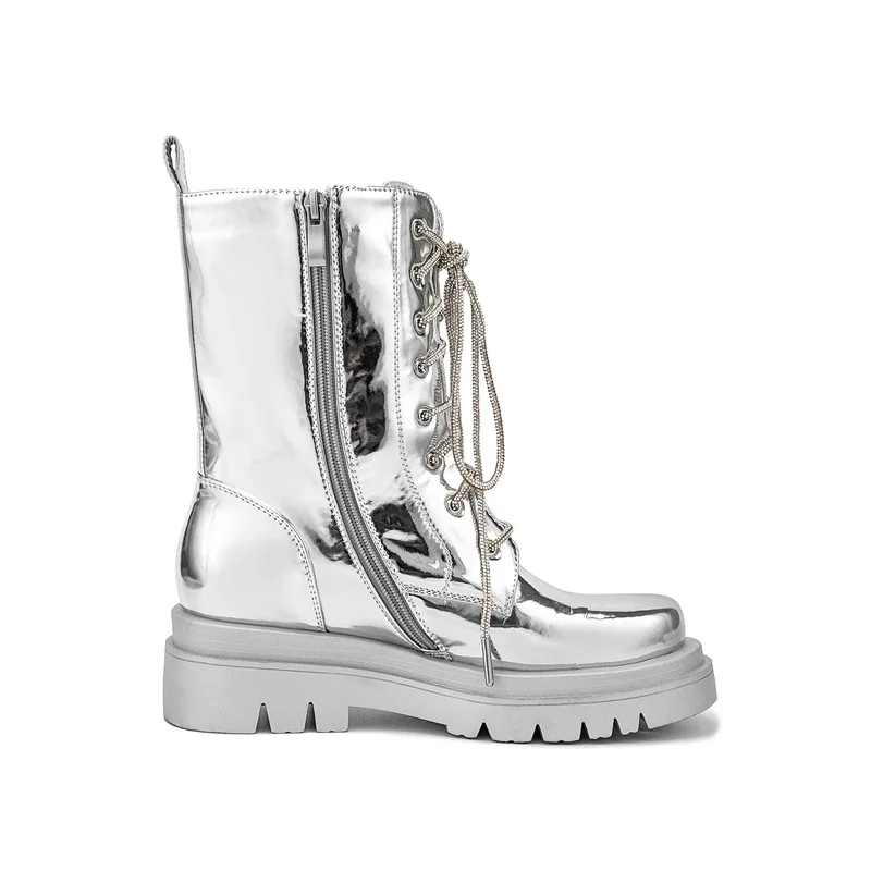 2026 Silver Belt Buckle Cross Strap Rhinestone Short Boots Casual Motorcycle Thick Sole Knight Boot Women Winter Silver Shoes