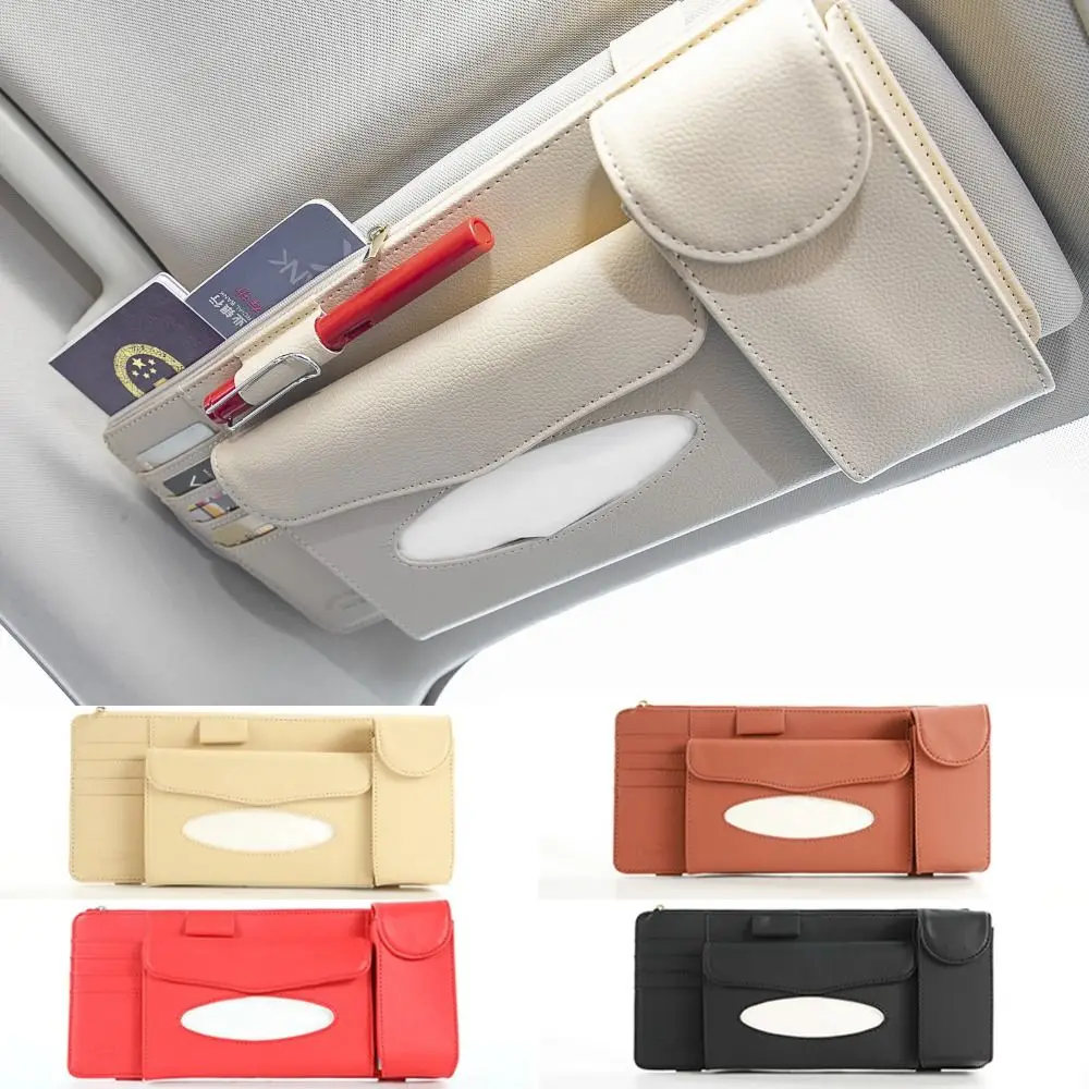 

Mutil-Pocket Sun Visor Organizer Durable Leather Multifunctional Sun Visor Tissue Boxe Credit Card Pens Holder Car