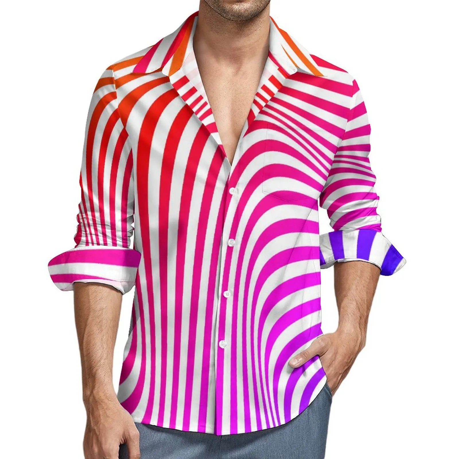 

Рубашка мужская с психоделическим принтом, элегантная повседневная блузка в абстрактную полоску, с длинным рукавом, Осенний Графический Топ в стиле Харадзюку