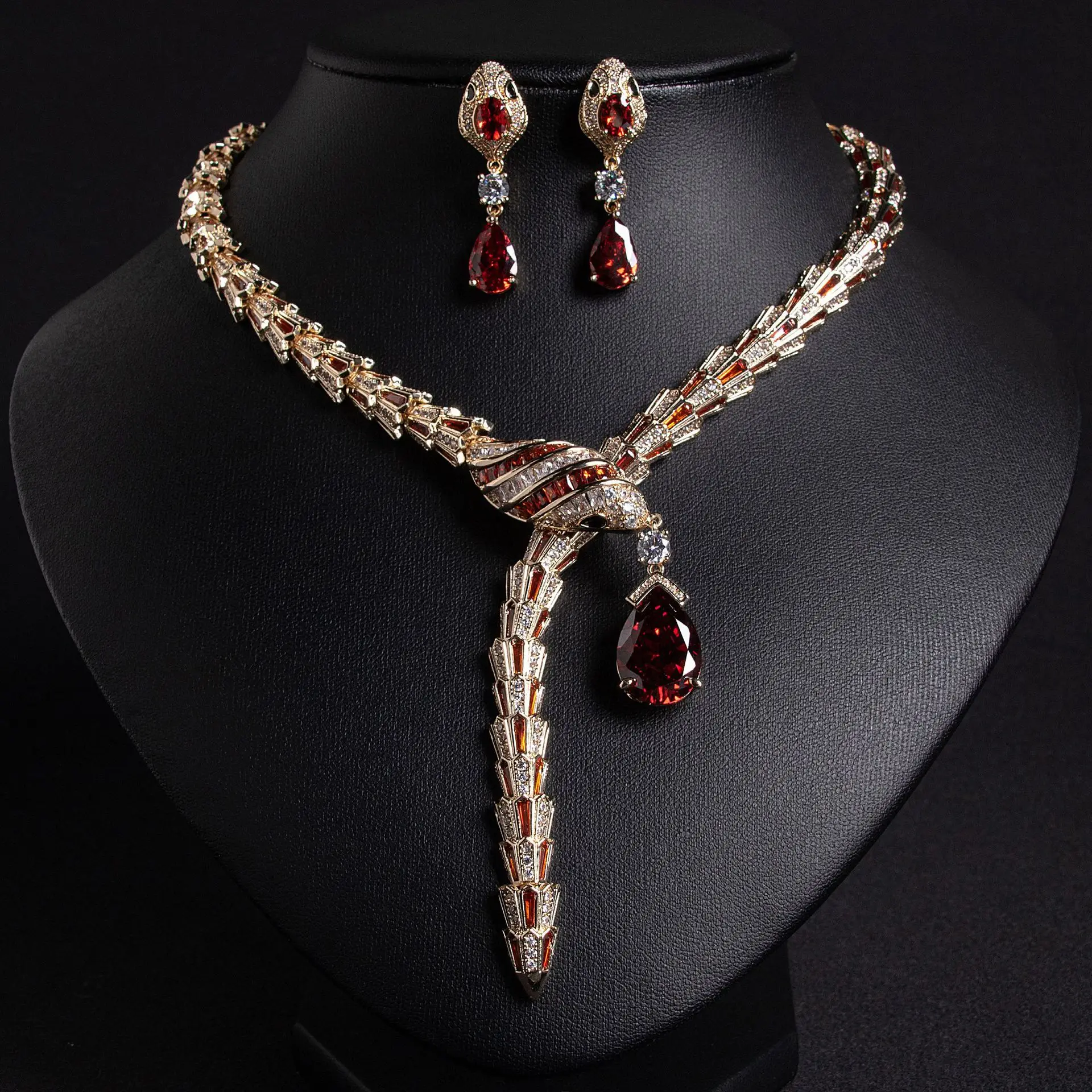 Vintage snake zircon chain pendant  necklace earrings Jewelry Set red purple white green
