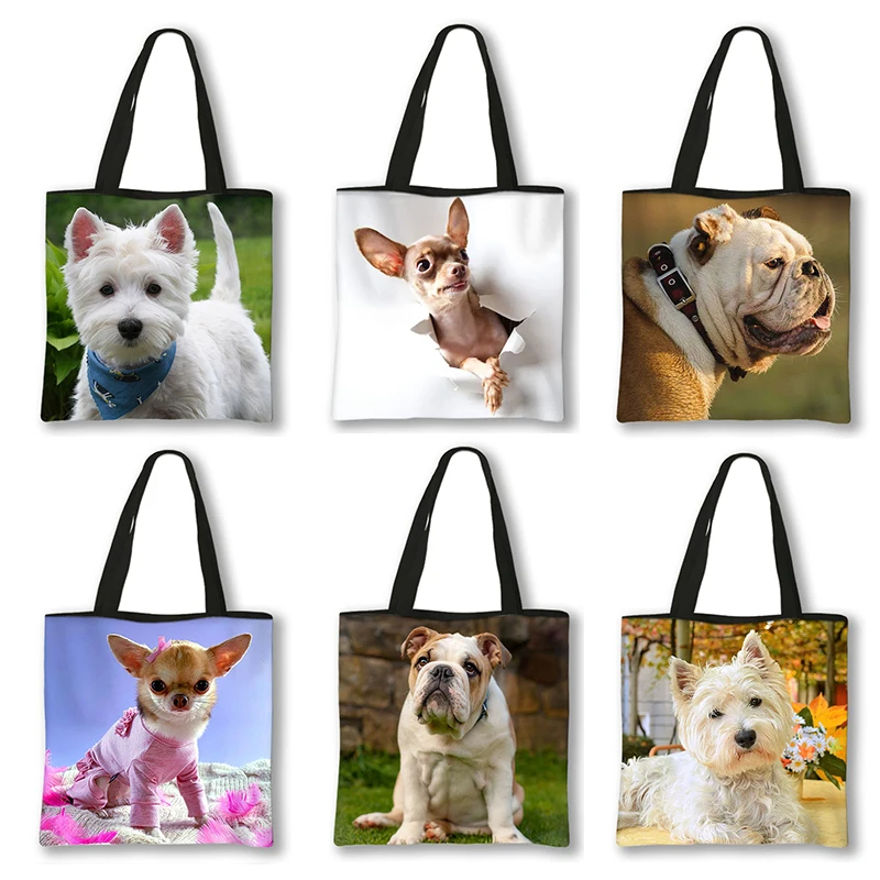 Chihuahua /West Highland White Terrier / British Bulldogs Shoulder Bag Causal Totes Bags Women Handbag Reusable Shopping Bags