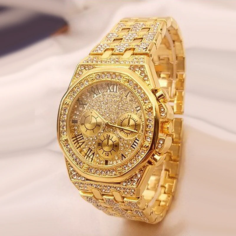 2022 Reloj Hombre Ice Out Watches Luxury Business Yellow Gold Watches Men Full Rhinestone Quartz Wristwatches Male Clock