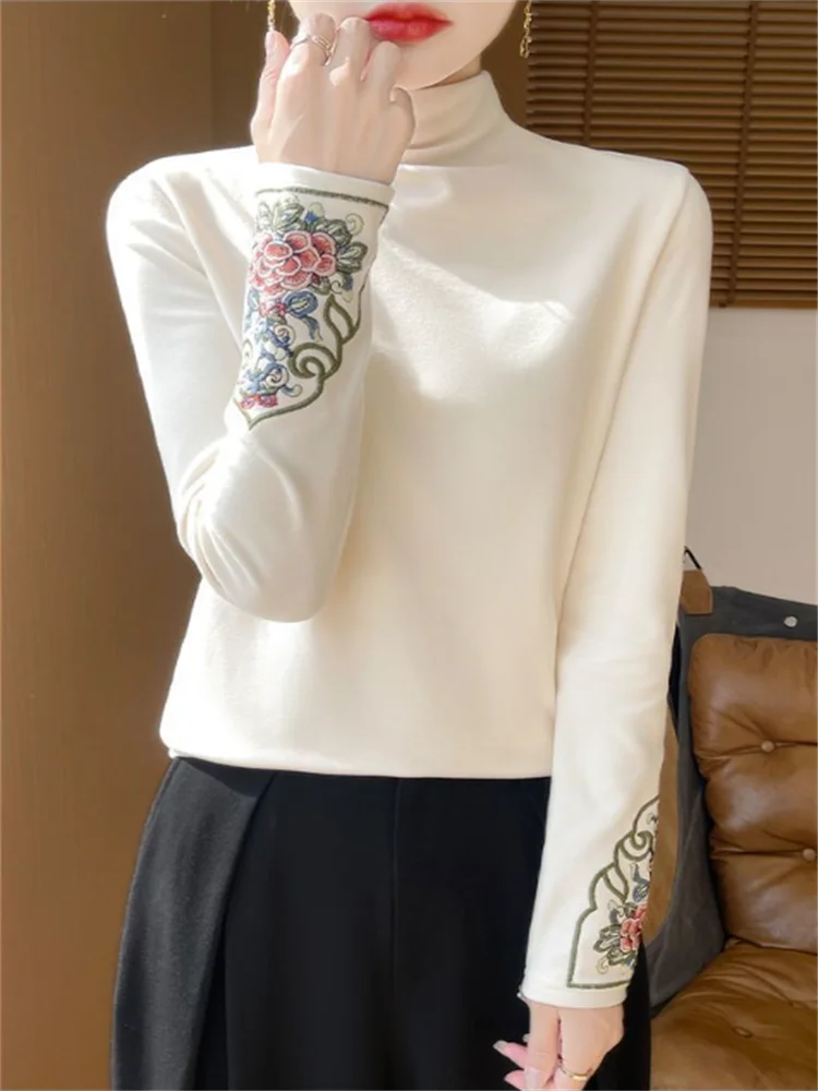 Half-high Neck Tshirt Women German Velvet T-shirt Base Tops Retro Embroidery Traditional Bottom Tshirts OL Pollover Ladies Tees
