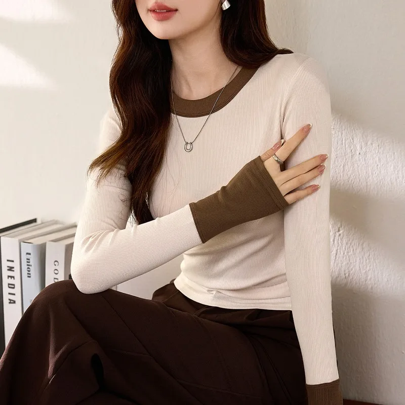 High-end Design Foreign-style Contrasting Color T-shirt Women's Long-sleeved 2025 Autumn New Pure Cotton Bottoming Shirt