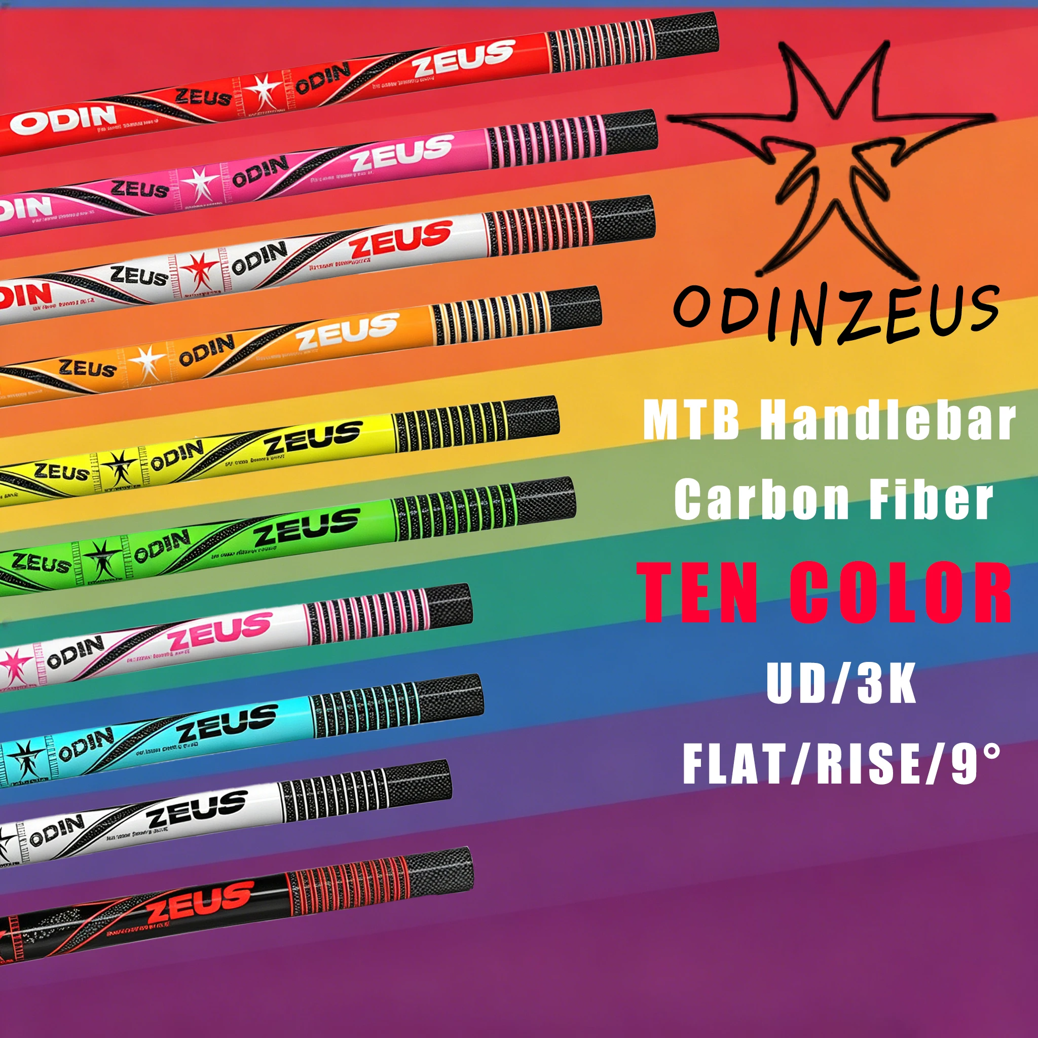 ODINZEUS 10-farbiger MTB-Lenker aus Vollcarbon, flach/erhöht, 31,8 mm, leicht, 580–740 mm, UD/3K, glänzend schwarz, für Mountainbiking