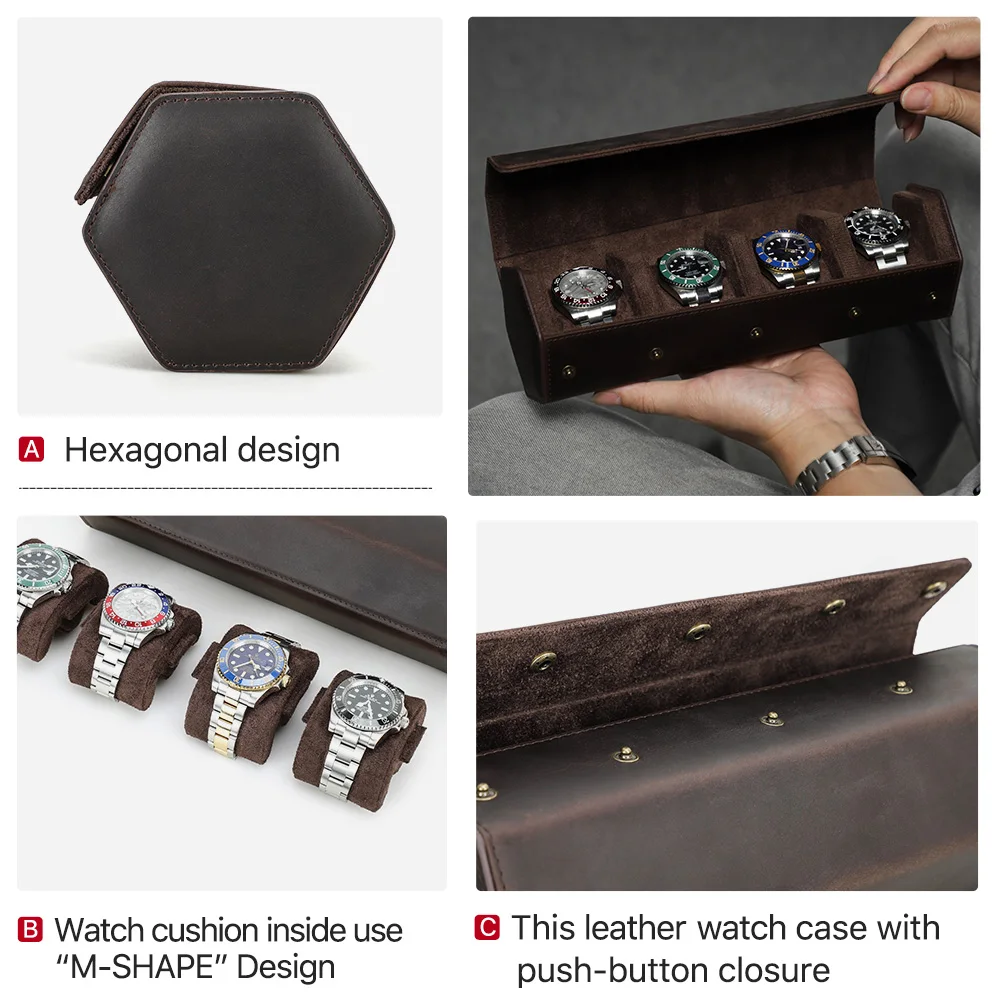 Étui de voyage hexagonal en cuir véritable pour montres, boîte à roulettes de montre, rangement de bijoux, étui portable, luxe rétro, 1 fente, 2 emplacements, 3 emplacements, 4/8 emplacements