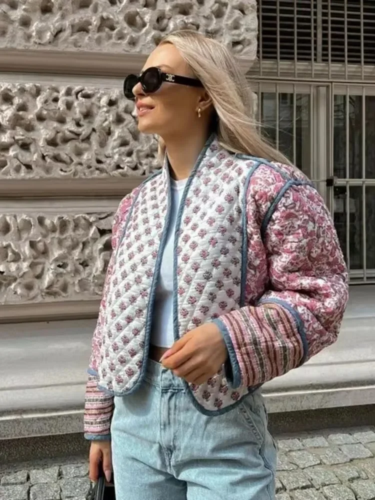 Autumn Women's Fashion Reversible Quilted Jacket Floral Print Long Sleeve Cardigan Coat Elegant Front Open Cropped Clothing