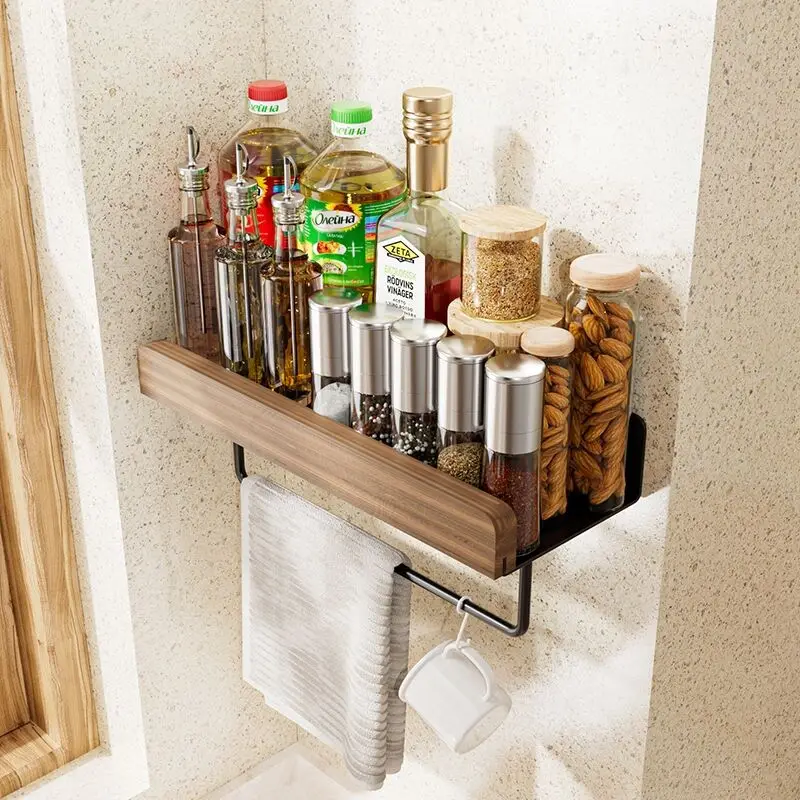 Bathroom shelf Black aluminum wood shelf Bathroom Cosmetic shelf kitchen wall shelf Kitchen seasoning rack cup rack（no glue）