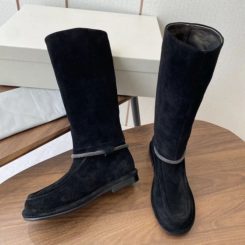 Knee High Boots Autumn Winter Suede Flat Thick Sole Women Round Toe String Bead Chain Decor Long Booties Western Cowboy Boots