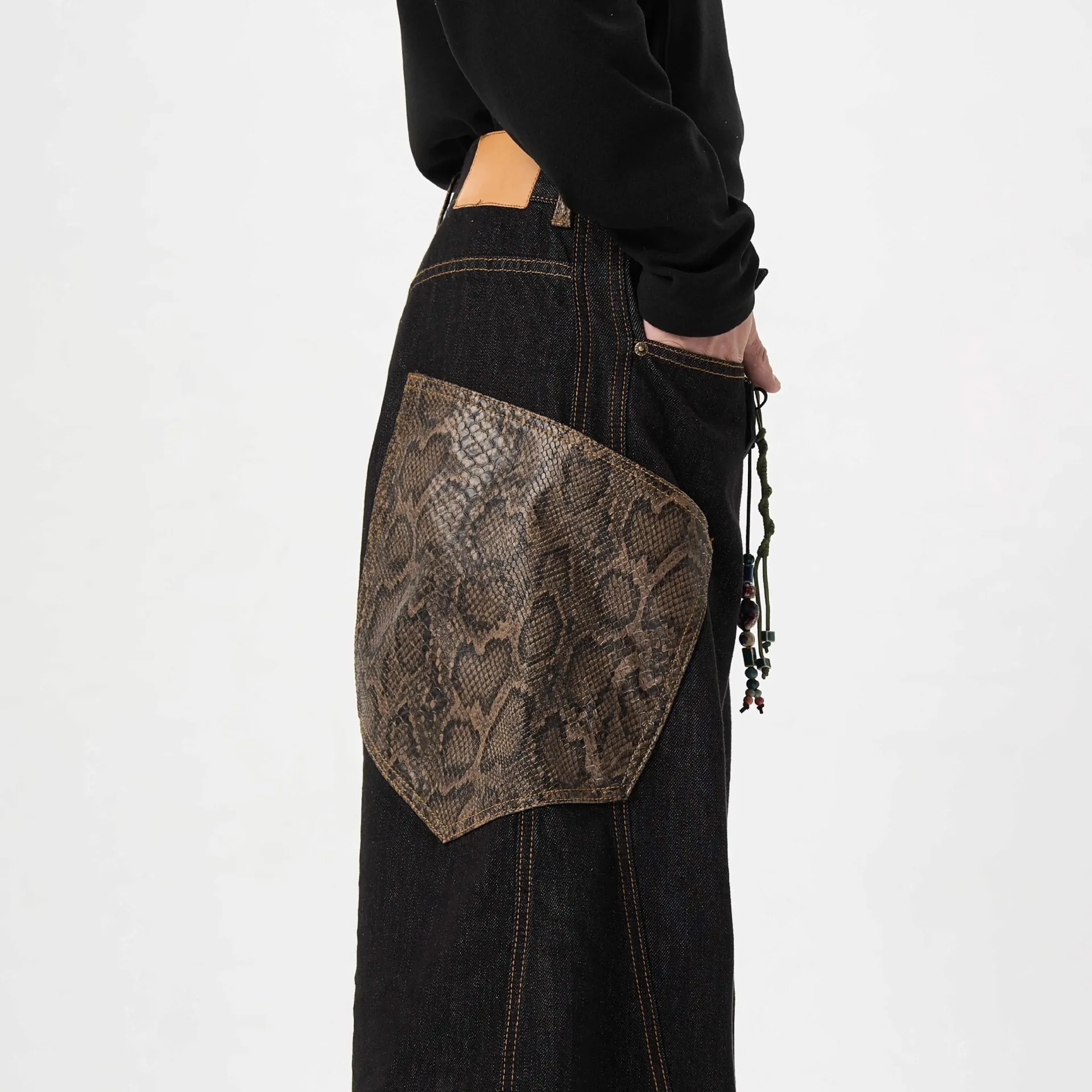 Amerikaanse retro jeans, heren lente- en herfststijl gepersonaliseerde straat gebogen gesneden geruite patchwork patch broek met wijde pijpen