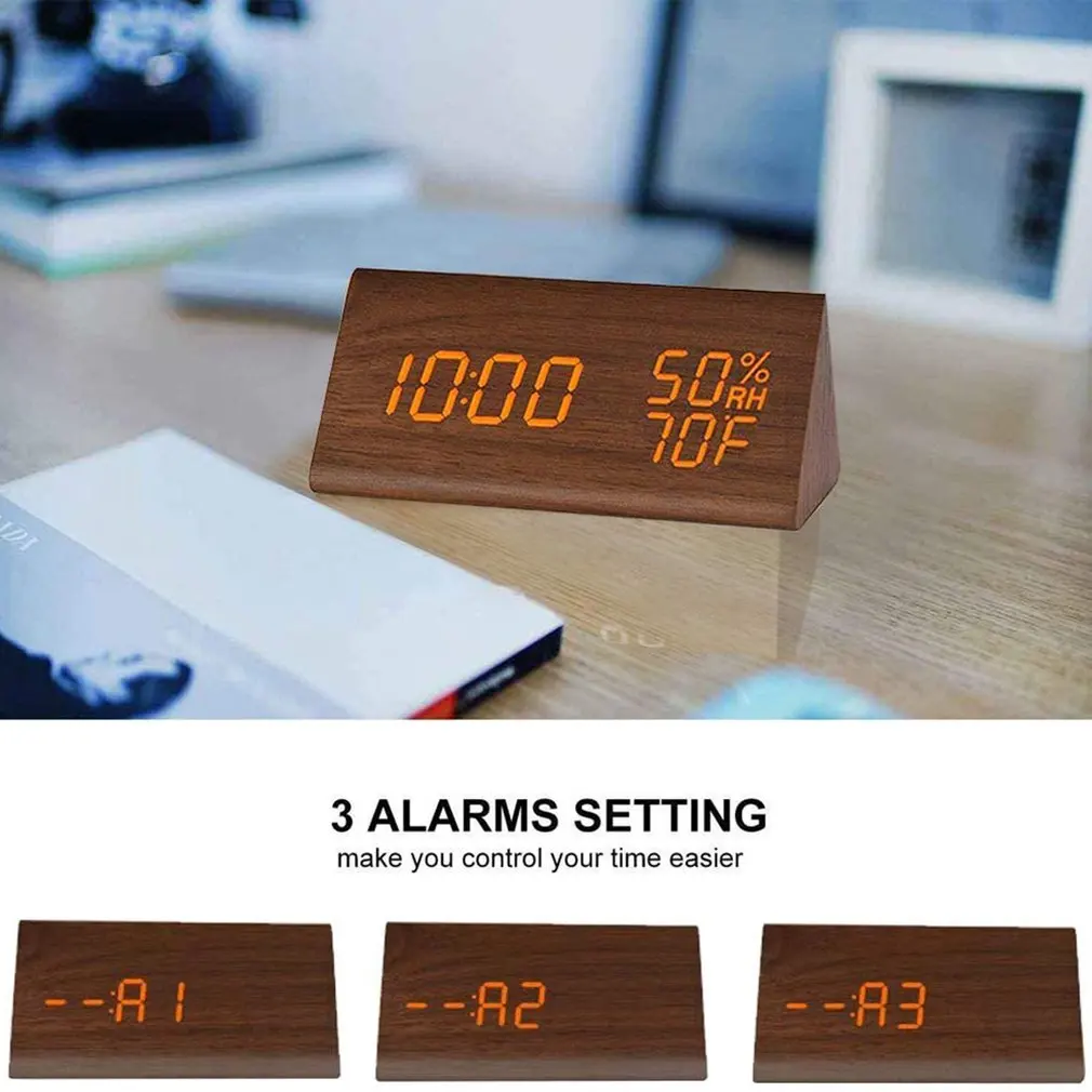 Humidity And Temperature Alarm Clock Triangle Digital Baby Room Wood Clock Mute Luminous Led Electronic Gift