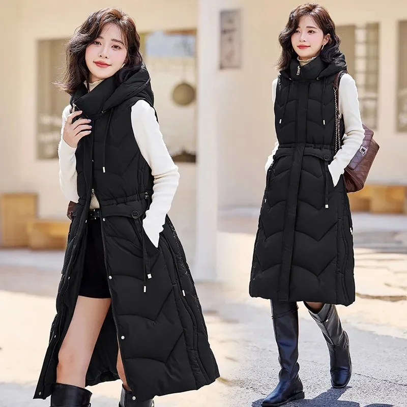 Autumn Winter Women Down Cotton Waistcoat Warm Puffer Sleeveless Jacket New Female hooded Mid-Length slim Vest Female Tops T586