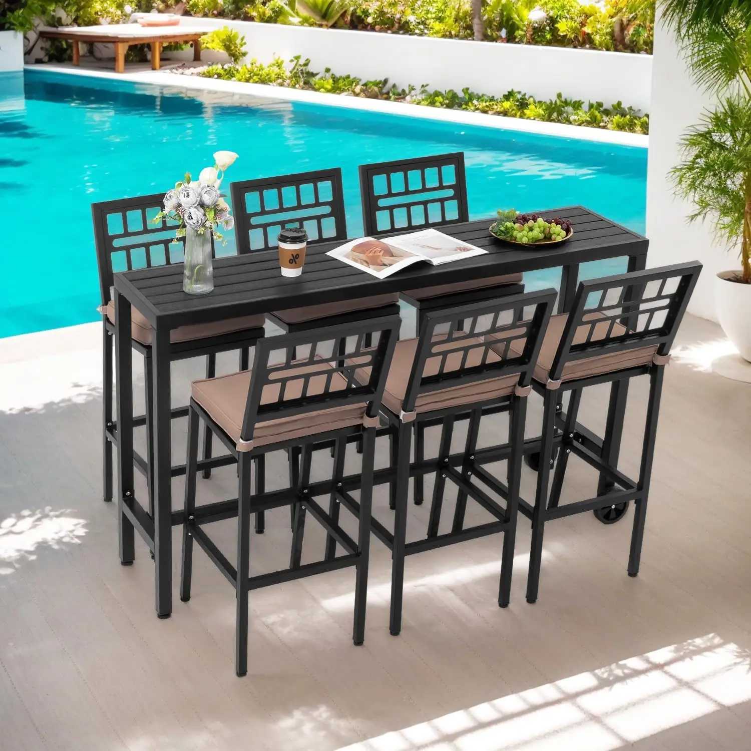 Patio Bar Dining Set Outdoor Durable  Height Table Cushioned Stools Metal Table Chairs Set Balcony Backyard Porch Poo