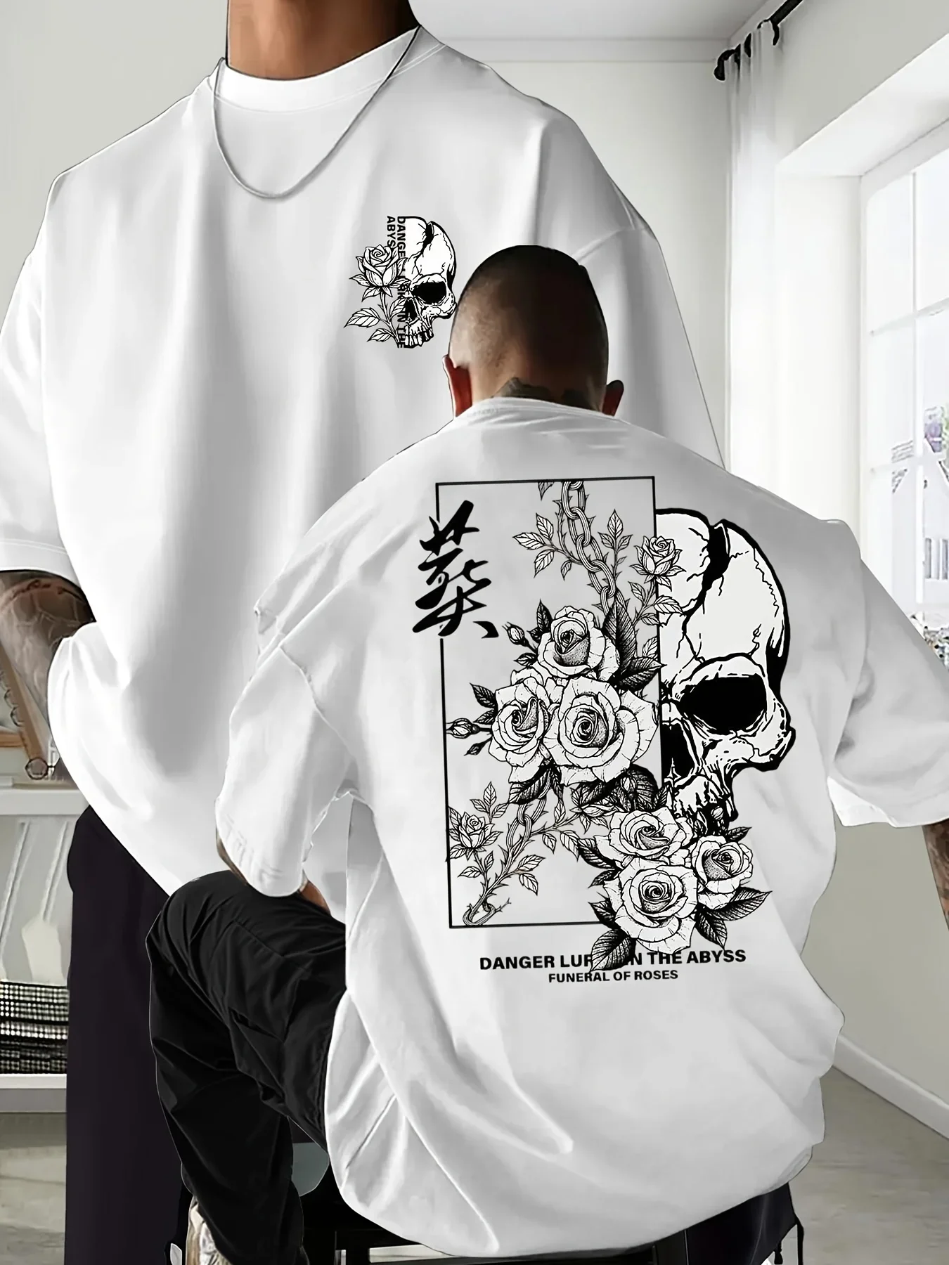 Men's 100% Cotton T-shirt Skull & Roses Kanji Graphic Tee Casual Outdoor Daily Streetwear Short Sleeve Dark Tops