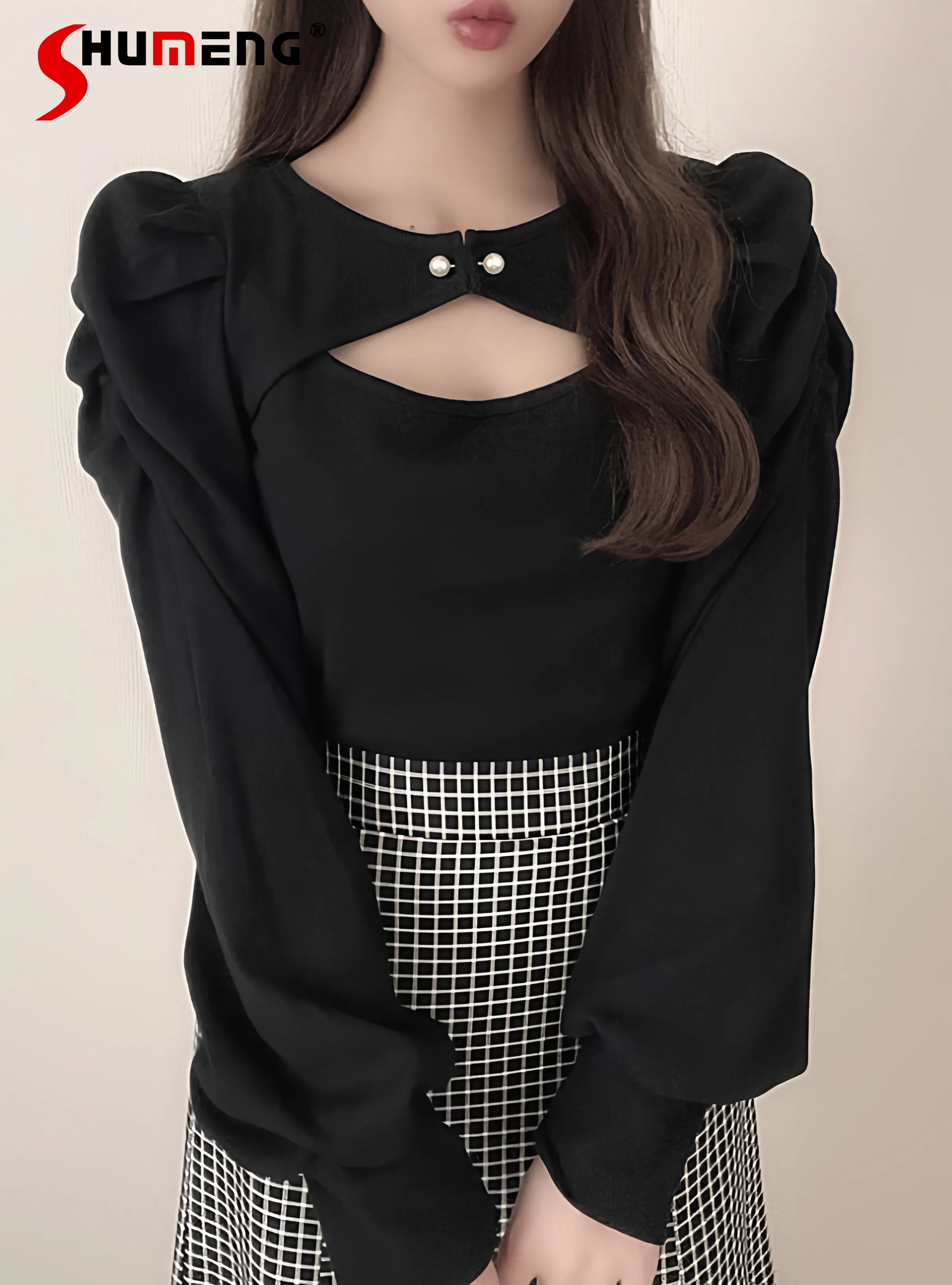 

Элегантные женские топы в японском стиле с жемчужными пуговицами, круглым вырезом, ажурными элементами и пышными рукавами, универсальные повседневные рубашки, весна 2026