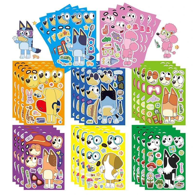 8/16/24/32Pcs Bluey Bingo Children Toys Sticker Cartoon Splicing Sticker Kids Elementary Education Toy Funny DIY Puzzle Stickers