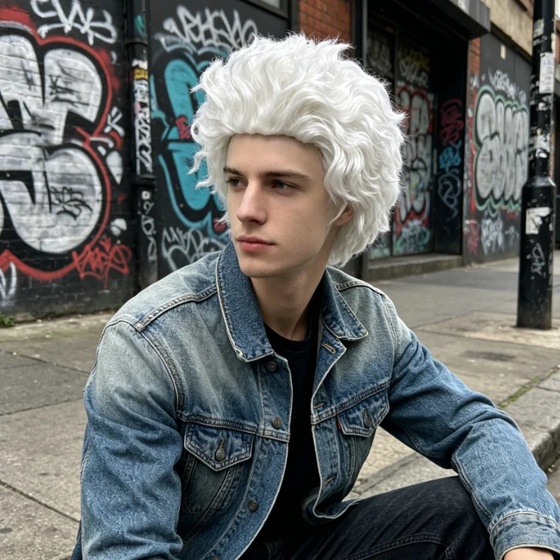 Anxin Brand Synthetic Fiber Wig: White Slicked-Back Cornrow Hairstyle, Fluffy Hair Strands, High-Quality Synthetic Fiber Material, Comfortable to Wear, Suitable for Daily Activities/Cosplay