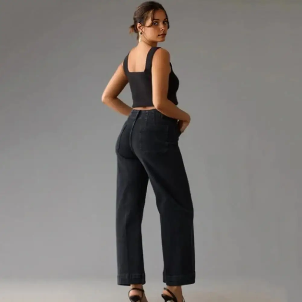 Ninth Pants Stylish Women's High Waist Wide Leg Denim Pants with Elastic Waist Pockets for Commuting Dating Shopping Wide-leg