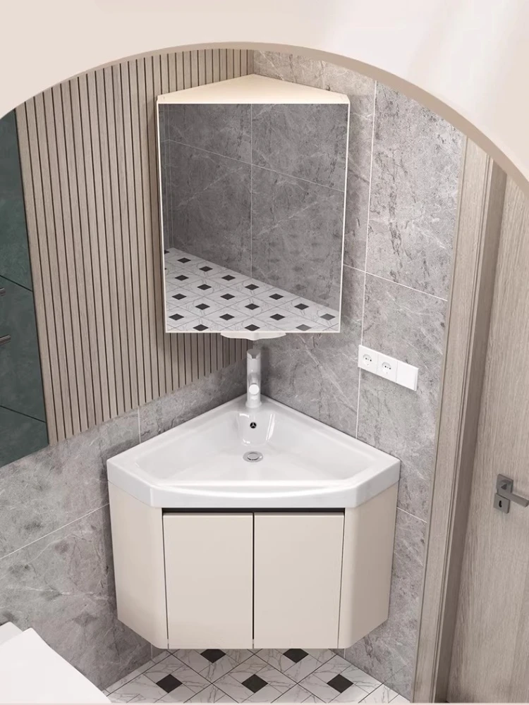 

Milk coffee color small apartment hoisting triangular bathroom cabinet ceramic integrated basin wall corner washstand