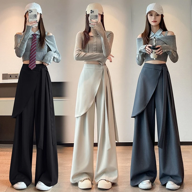 Taille haute élégant irrégulier jambe large pantalon pour les femmes 2025 nouveau automne taille haute droite décontracté ample pleine longueur pantalon