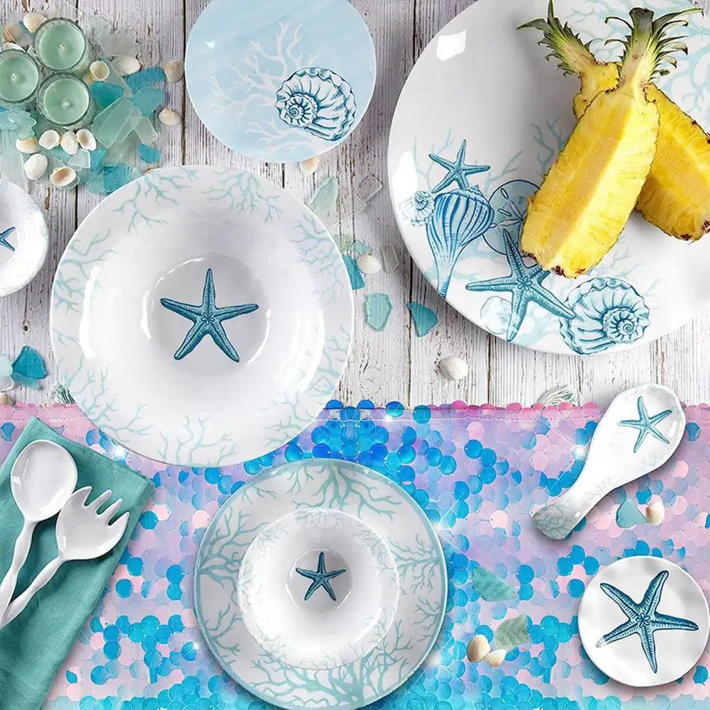 Cubierta de mesa de lentejuelas brillantes, camino de mesa de escamas de cola de sirena, decoración de fiesta de mar oceánico, mesa de comedor para A